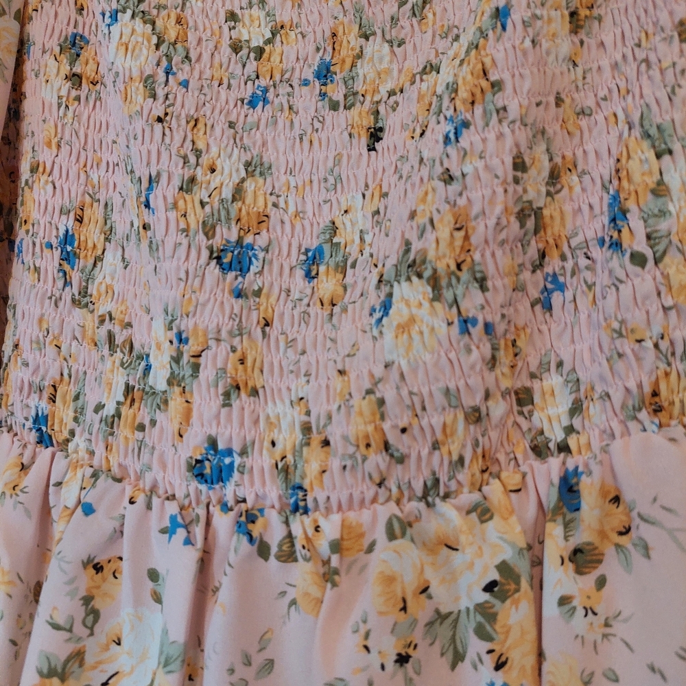 SHEIN Floral Smocked Puff Sleeve Mini Dress XL Light Pink Boho Square Neck - Picture 6 of 8